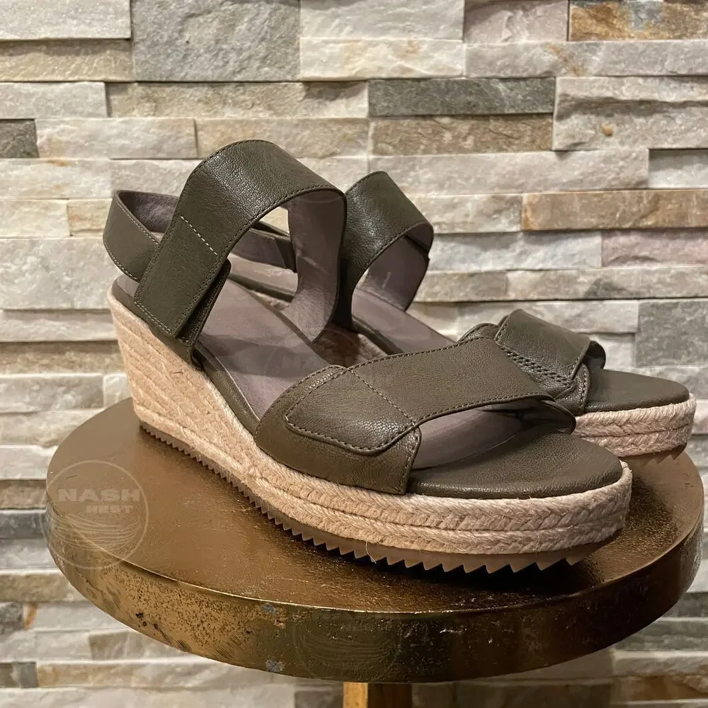 Eileen Fisher 10 Olive Leather Wedge Sandals | Espadrille Platform, Adjustable